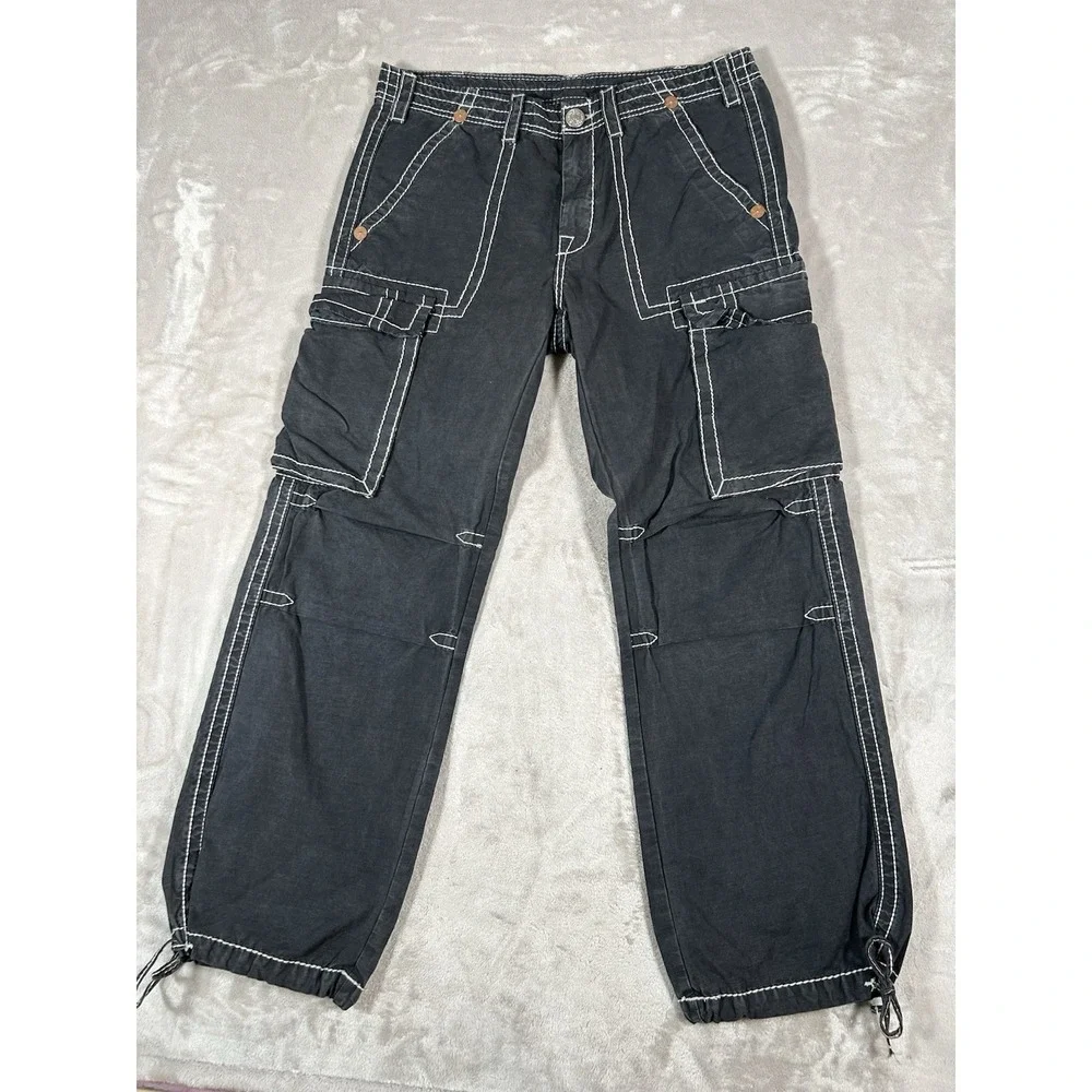 True Religion Anthony Cargo Pants Mens 34x32 Black Flap Pockets Wide Leg Y2K VTG